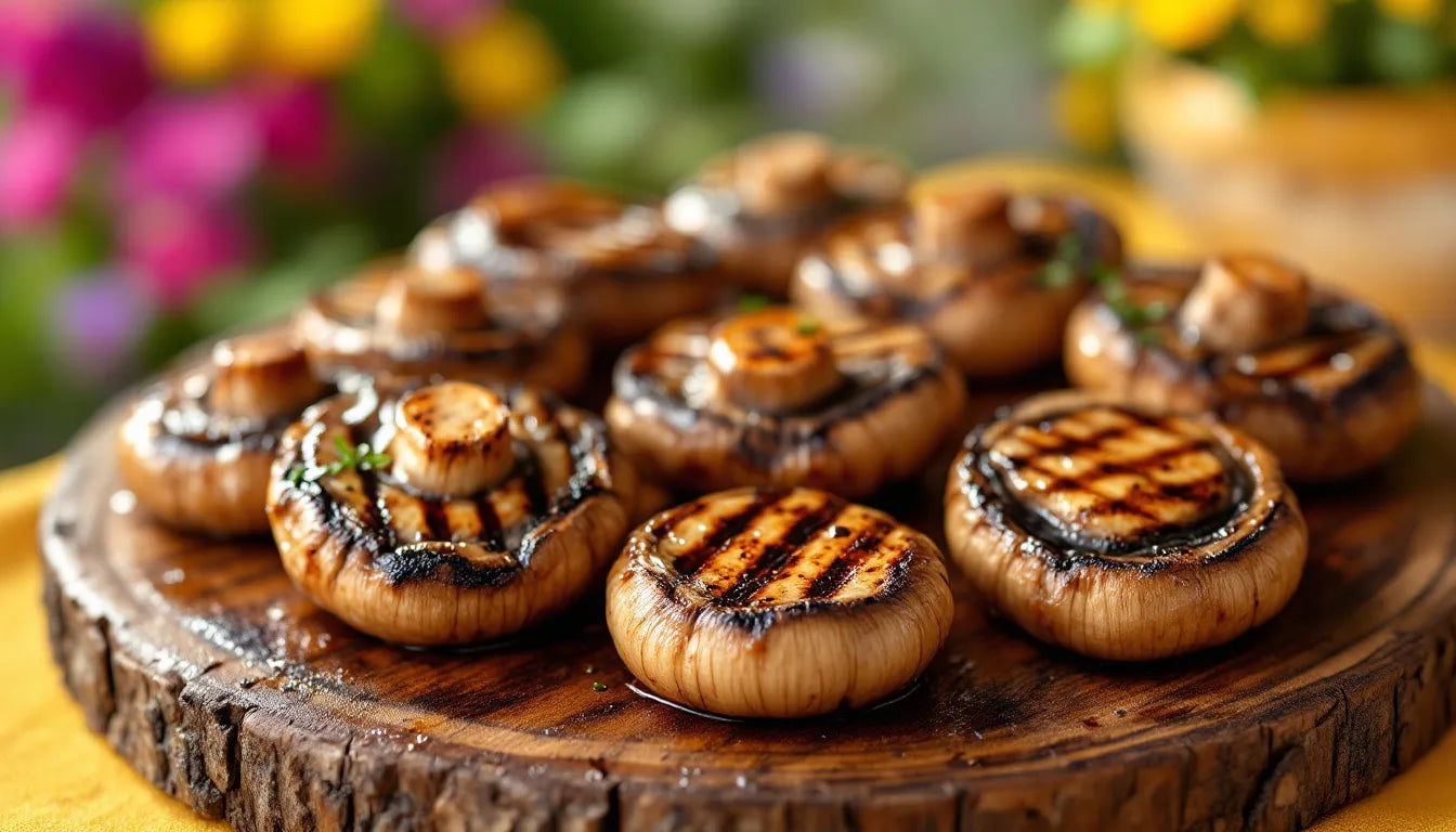 Grilled Portobello mushrooms on outdoor barbecue grill