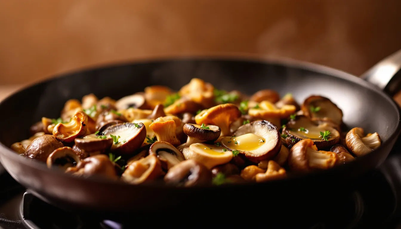 Gourmet mushrooms sizzling in pan on stovetop