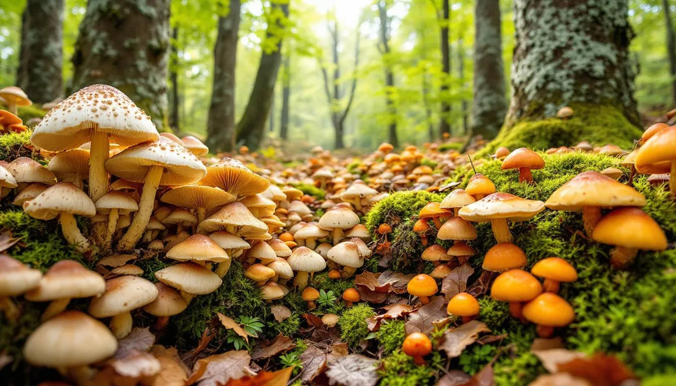 Wild mushrooms sprouting on forest floor