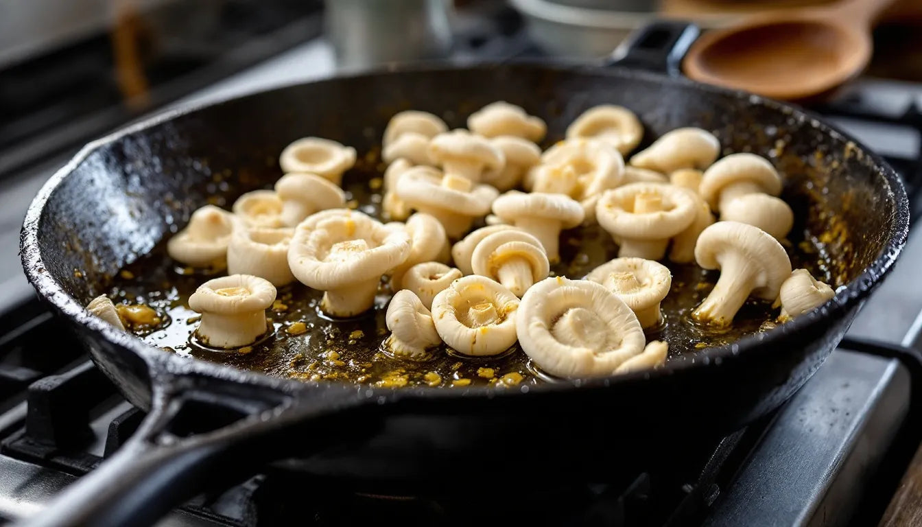 Lion’s mane mushrooms searing in a cast iron skillet