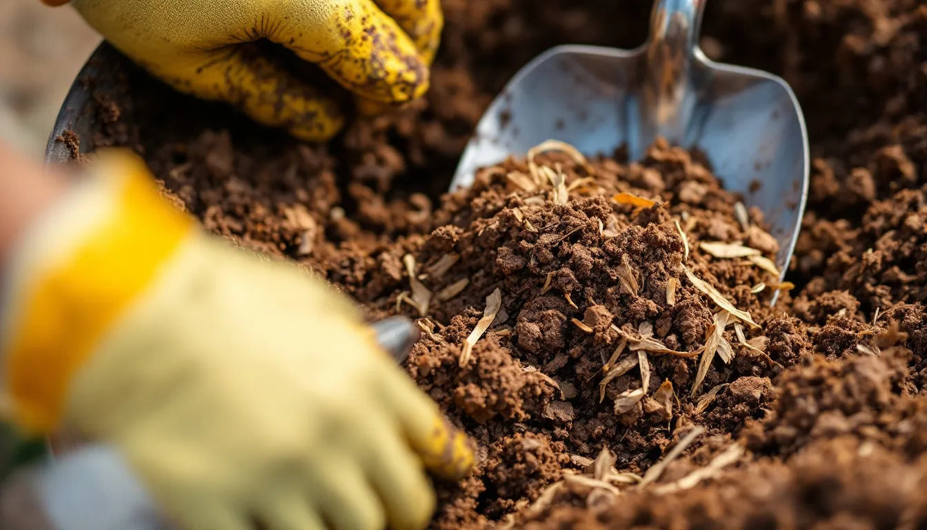 Hands mixing mushroom compost into garden soil