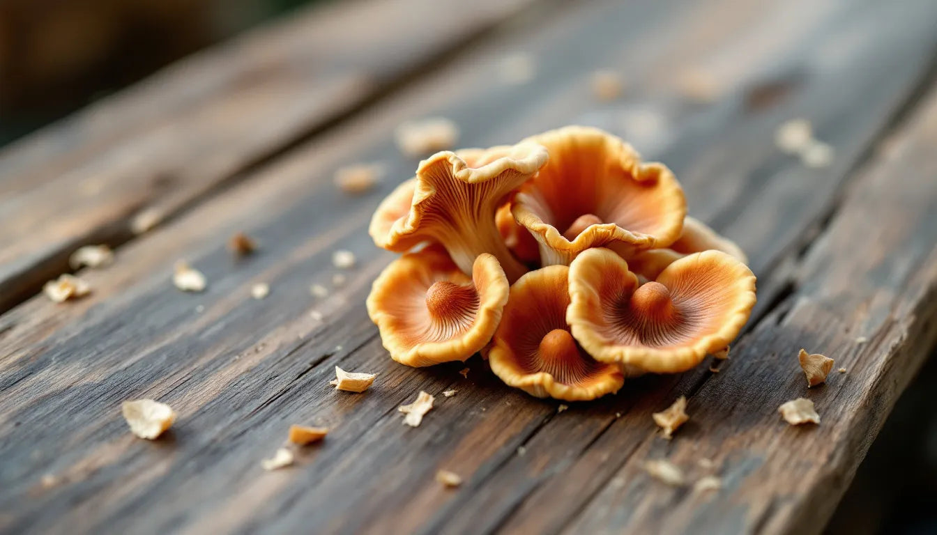 Reishi medicinal mushrooms displayed on wooden surface