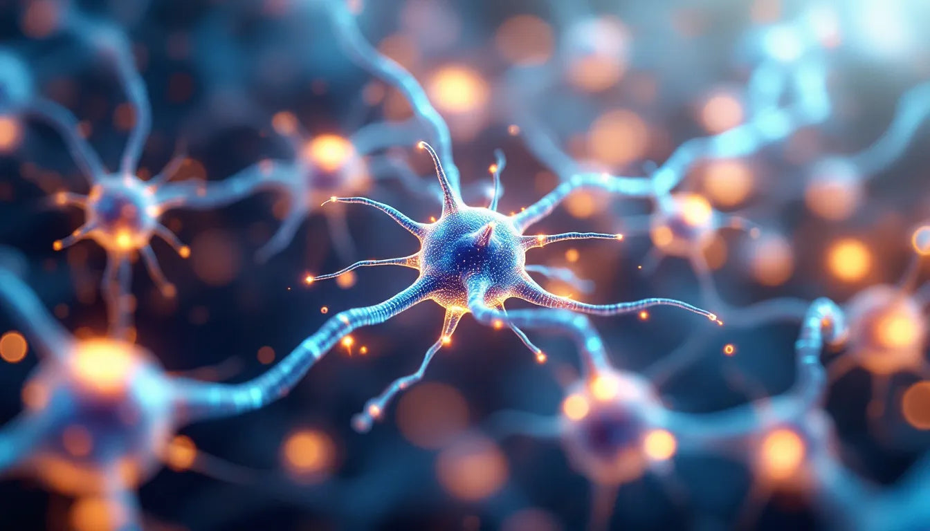 A highly detailed visualization of interconnected neurons with glowing synapses.