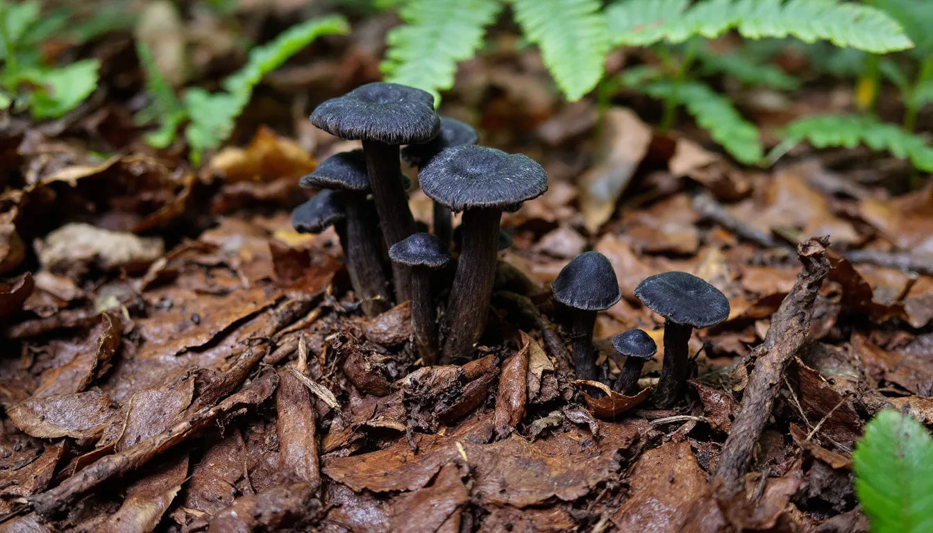 Close-up view of black trumpet mushrooms growing on a forest floor.