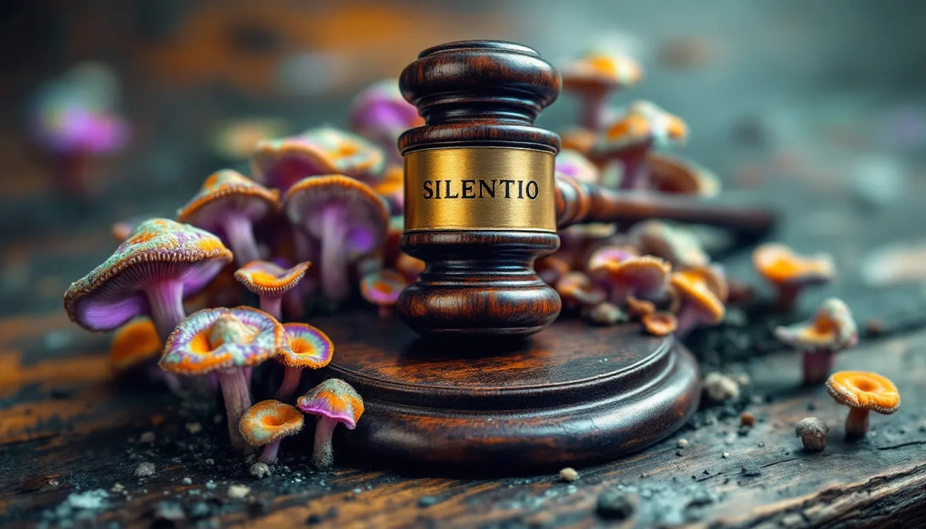 A courtroom gavel next to psychedelic mushrooms symbolizing decriminalization efforts.