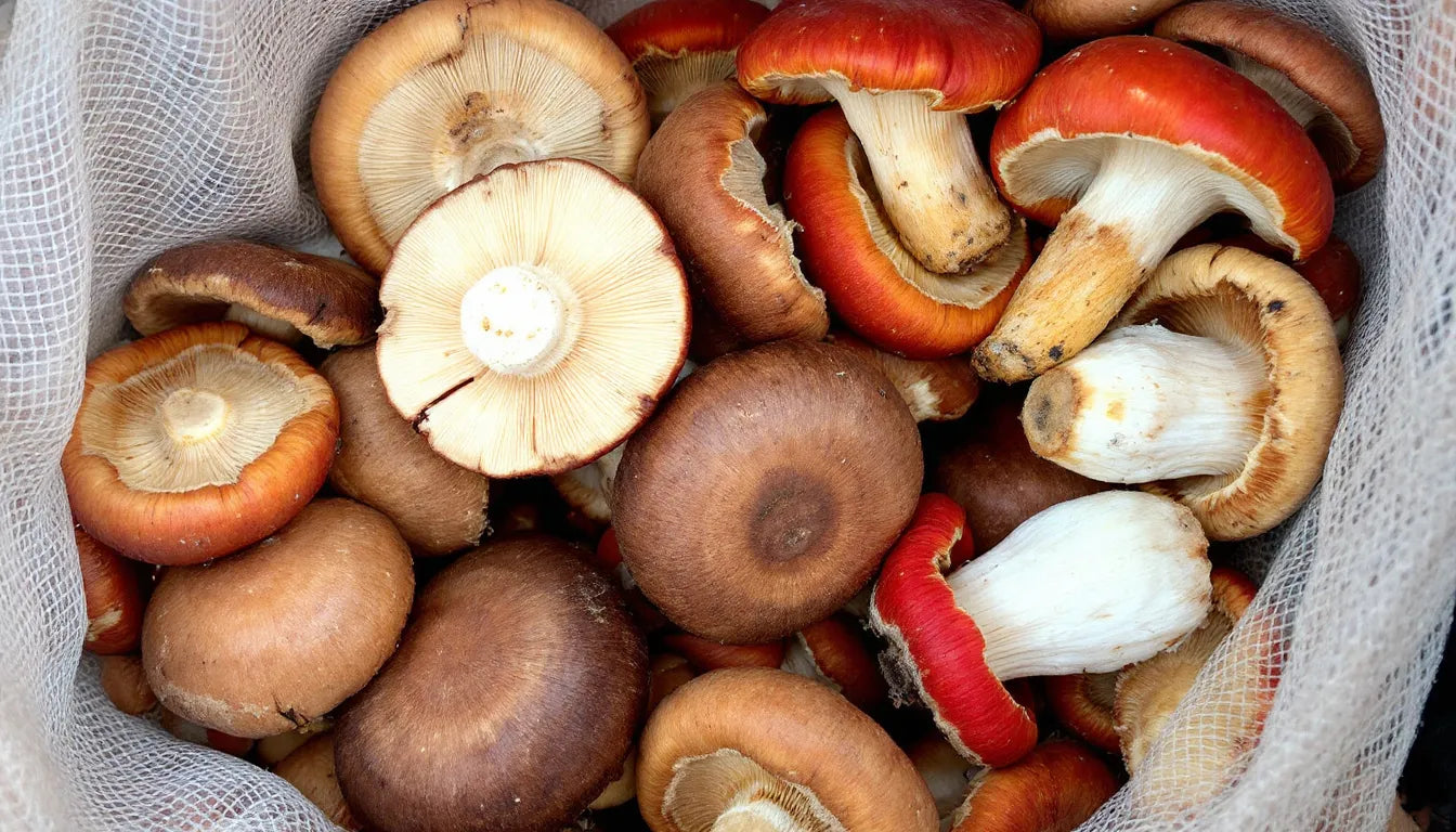 Home-grown mushrooms stored in a breathable mesh produce bag