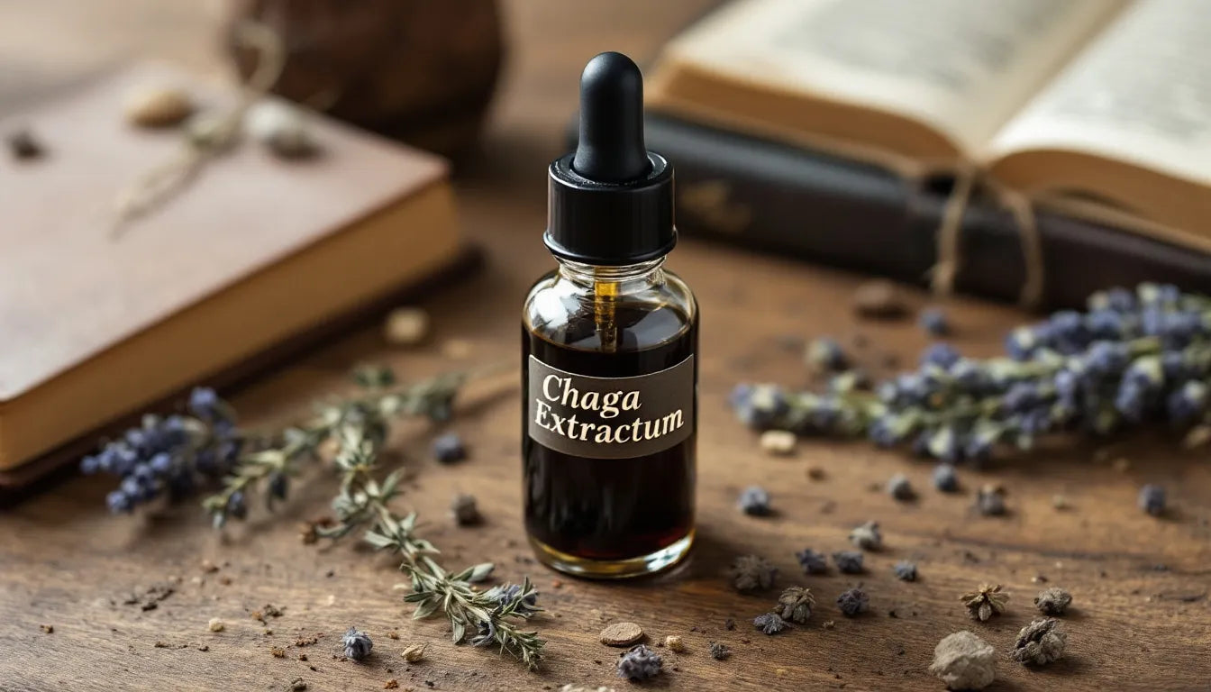 Chaga extract in amber dropper bottle with fresh herbs nearby