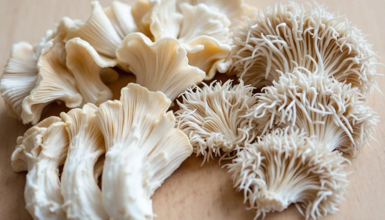 Blue oyster and lion’s mane mushrooms closeup