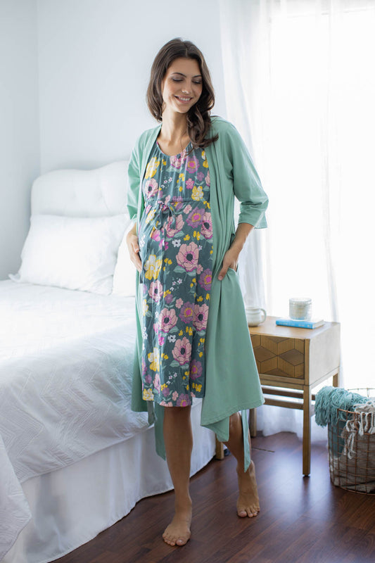 Sage Green Maternity Delivery Hospital Robe & Floral Labor Gown