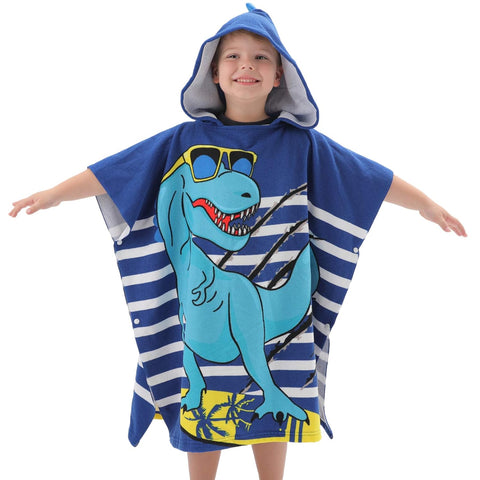 Dino in Blue Poncho Bath Towel for Kids, 1-7 years, 60 x 60cm | 100% Cotton, Skin-Friendly Microfiber Hooded Toddler Pool Towel | Quick-Drying, Water Absorbing, Full-Size Bathrobe