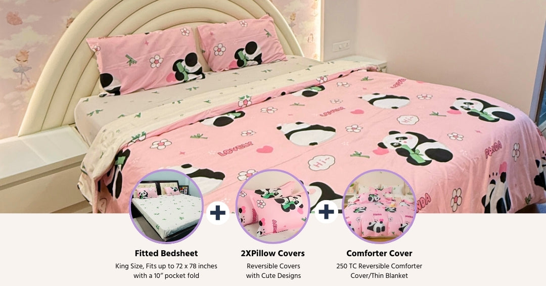 Pink Panda Bedsheet Kids Bedding Set 4pc