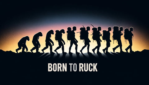 graphic of the classic depiction of the evolution of man from apes but with a rucksack appearing on the humans back