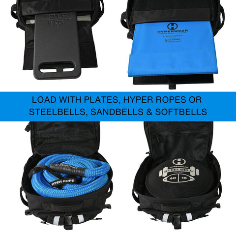 Images of hyper ruck rucking backpack showing how it can be loaded with ruck plates or a hyper rope, sandbell or steelbell in the main compartment 
