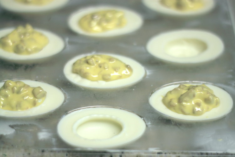 Chocolate Deviled Eggs Filled with Toffee Chocolate Mixture