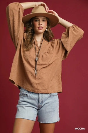 Umgee Textured Notched Blouse with Balloon Sleeves - LuLee Co. 