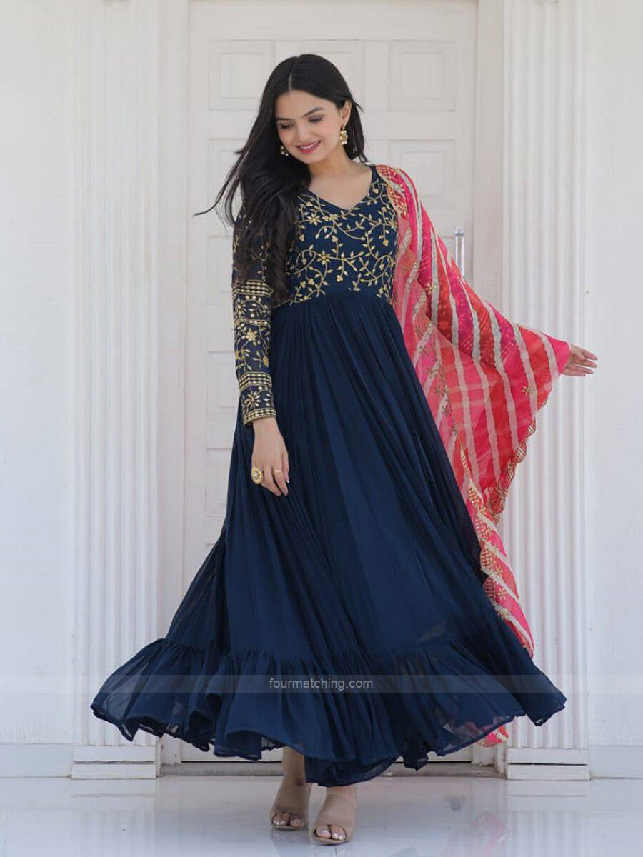 Navy Blue Heavy Viscose Velvet Sequence Embroidery Work Gown With Dupatta  Set - PinkSaree