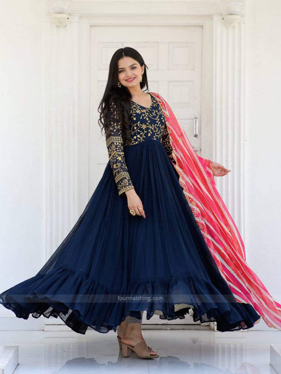 Beautiful blue and blush pink gown with navy blue dupatta in styling. The  material is a dutchess sat… | Indian fashion dresses, Trendy dresses,  Indian gowns dresses