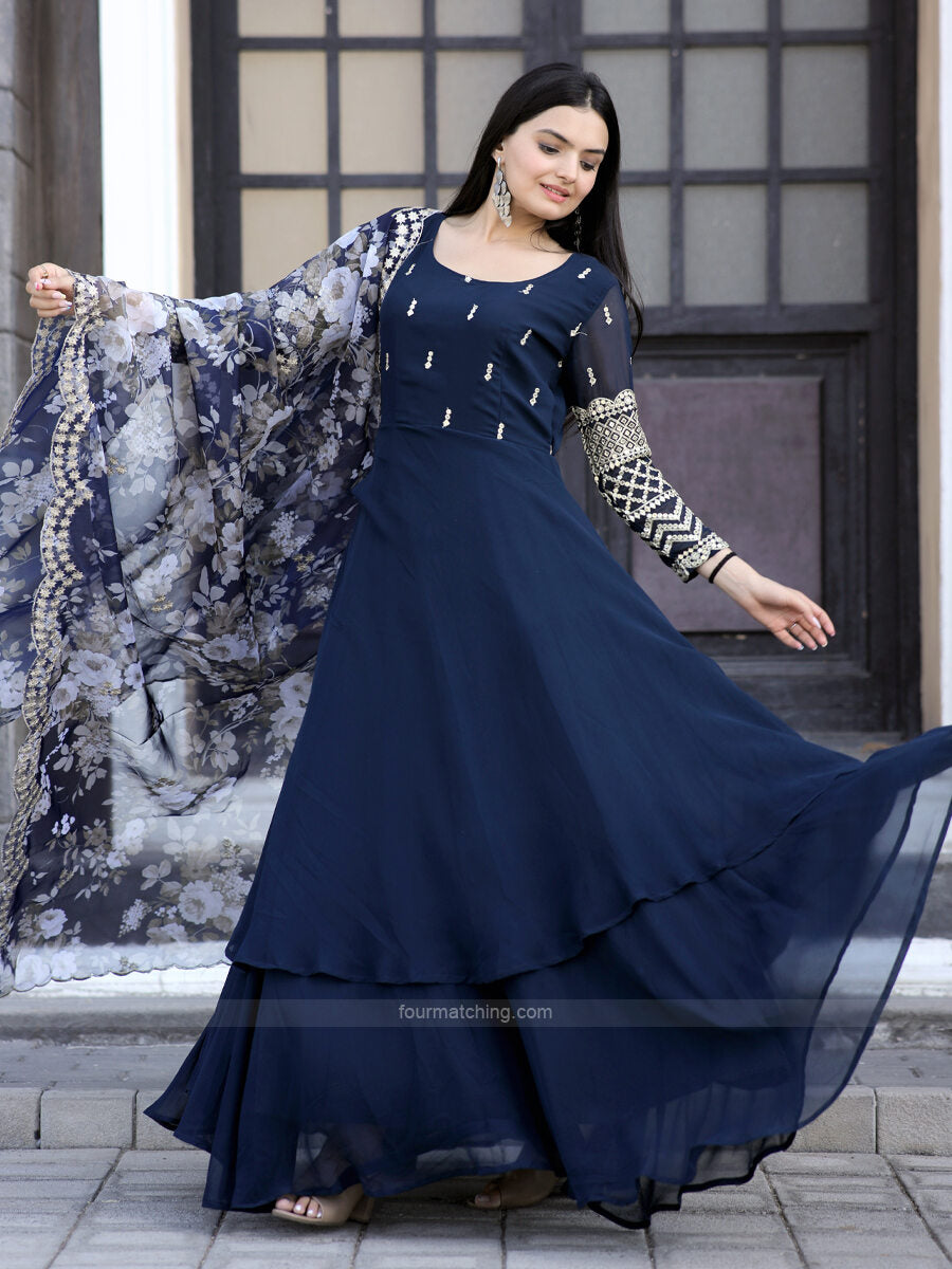Buy Navy Blue Designer Heavy Party Wear Gown With Maroon Dupatta | Gowns
