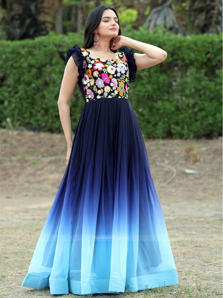 Navy Blue Color Fantastic Georgette Fabric Gown In Function Wear