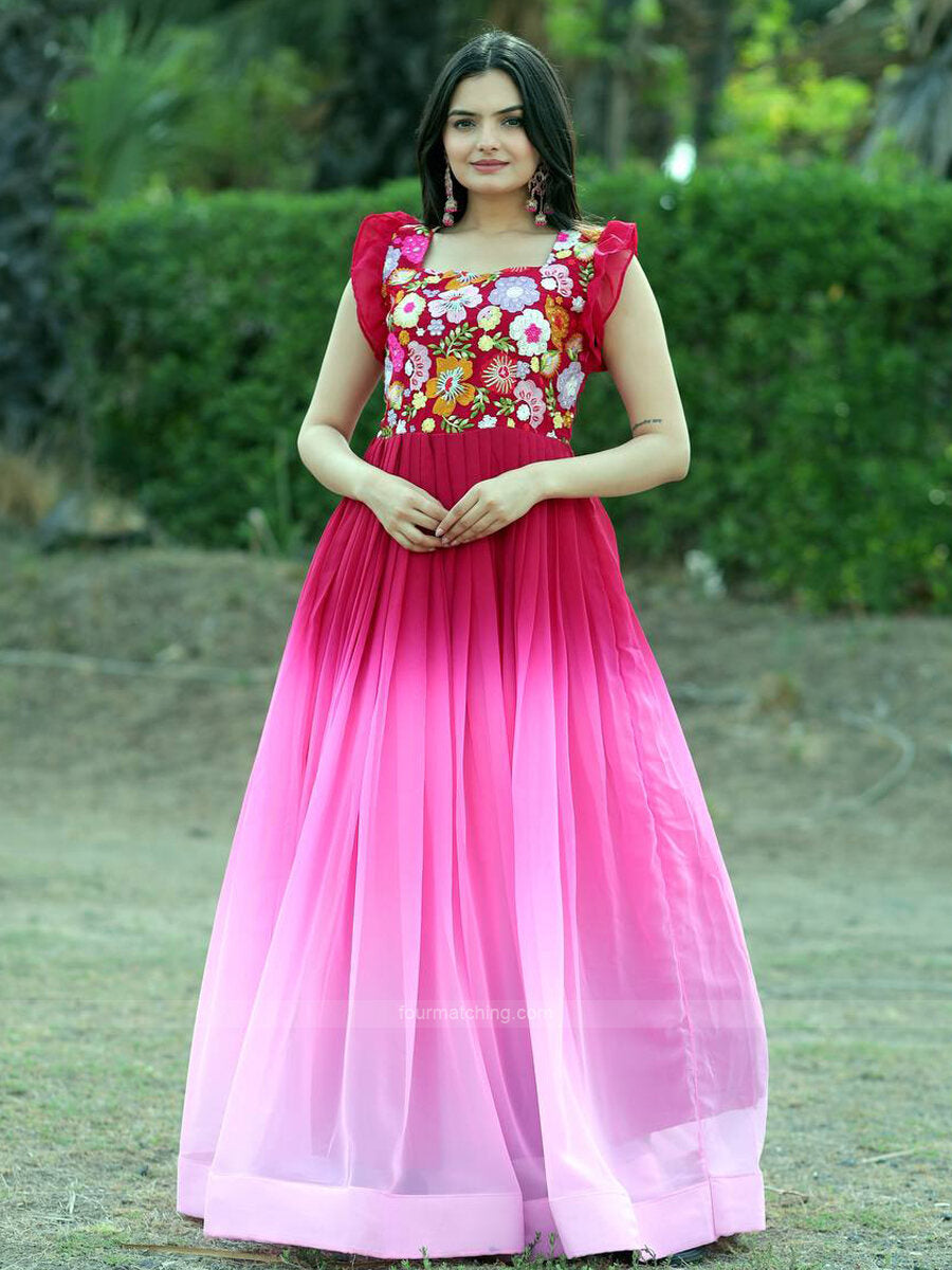 Pink Floral Georgette Long Dress