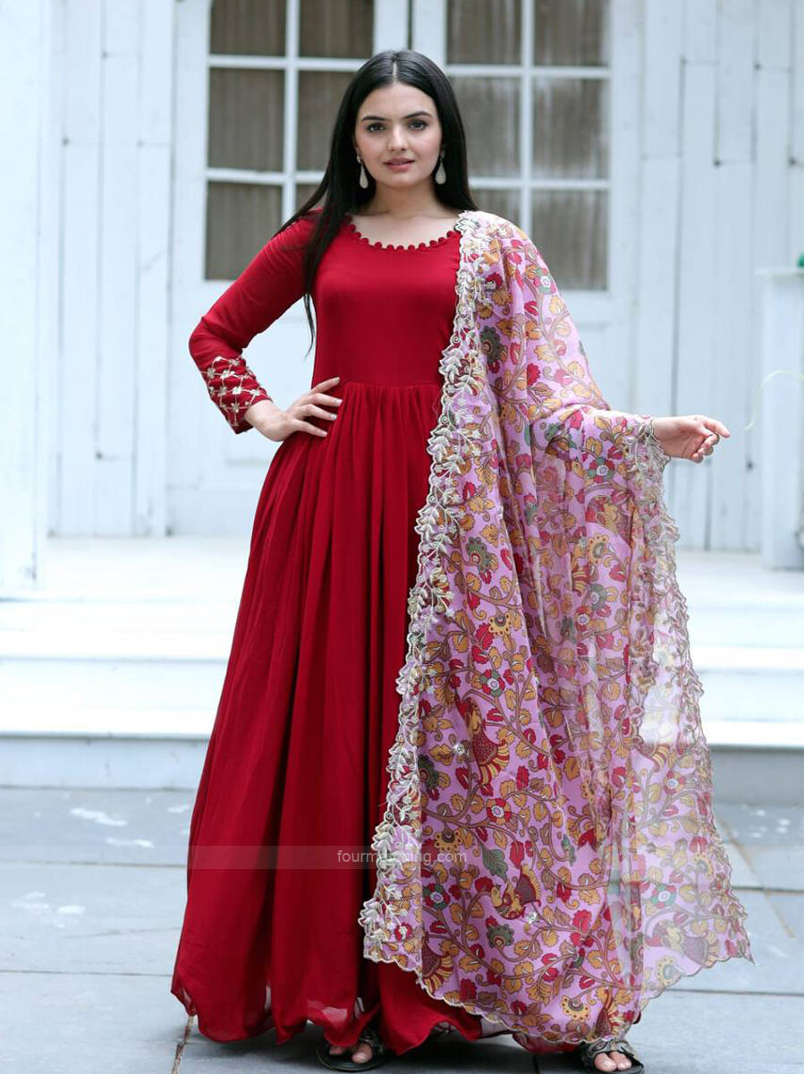 Buy Maroon Embroidered Net Gown Online At Ethnic Plus