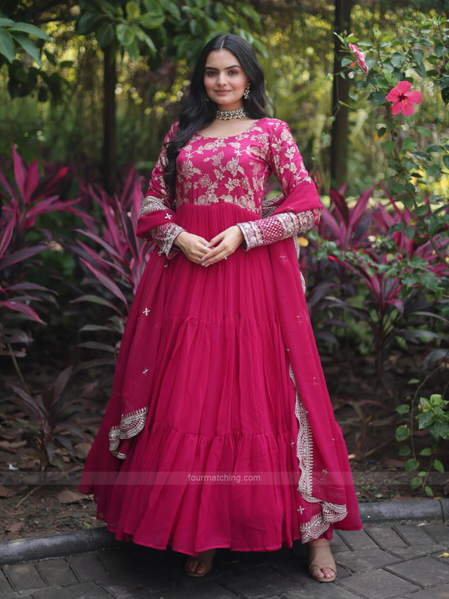 Rani Pink Gown in Dola Silk fabric with Resham, Sequence, Cutdana, Moti,  Gota and Dabka Work | Kishori