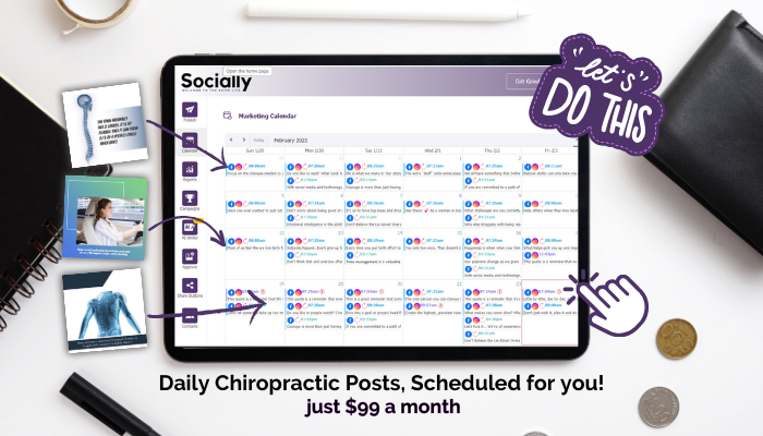 a tablet showing Socially Suite for Chiropractors with 3 example done-for-you Chiropractic posts off-set to the side.