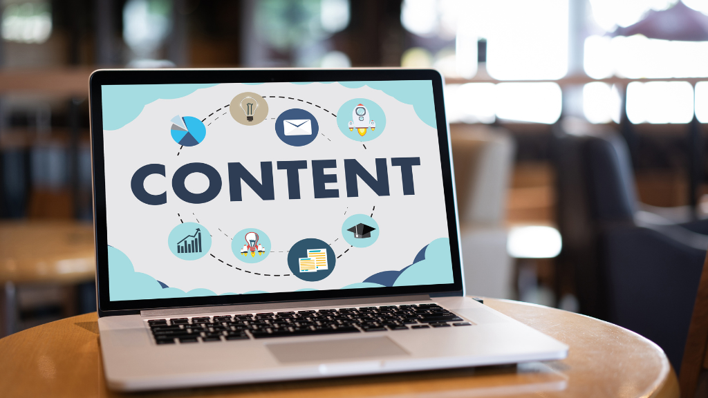 a laptop with the word Content on it with social media content shortcuts for small businesses around it.