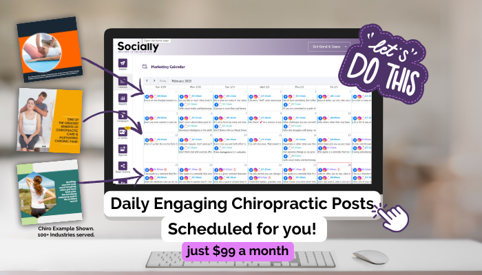 a computer showing Socially Suite for Chiropractors with 3 example done-for-you Chiropractic posts off-set to the side.