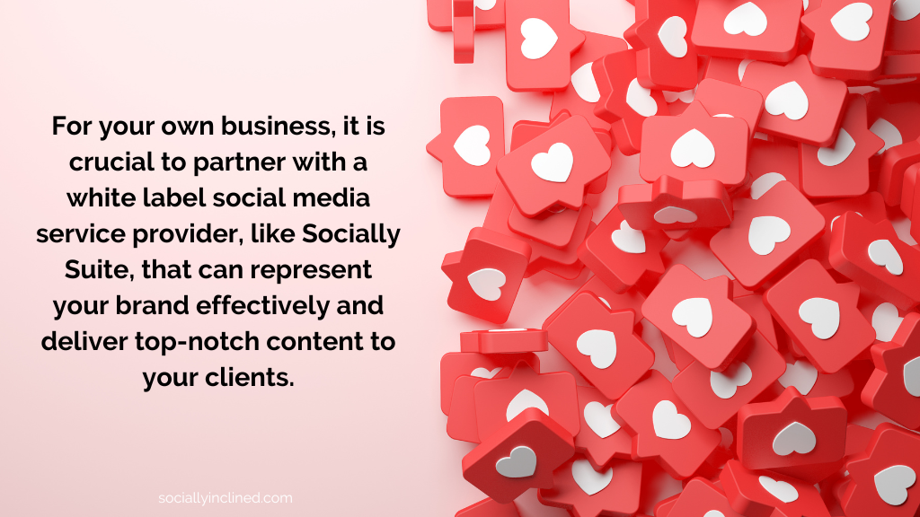 a graphic that is pink and blue that says: For your own business, it is crucial to partner with a white label social media service provider, like Socially Suite, that can represent your brand effectively and deliver top-notch content to your clients.