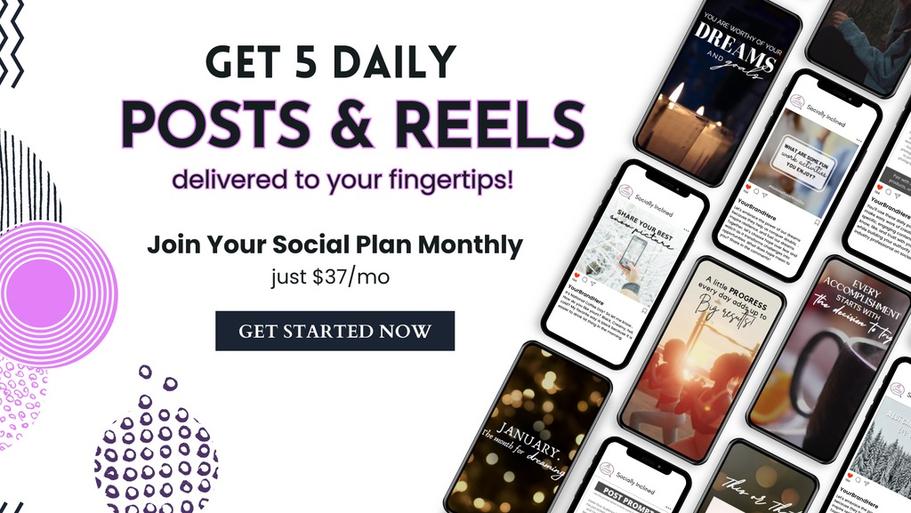 A mock-up of Your Social Plan, done-for-you social media posts in the world’s best social media content membership. It includes 3 daily posts and 2 daily reels designed by marketing experts with editable Canva templates included.