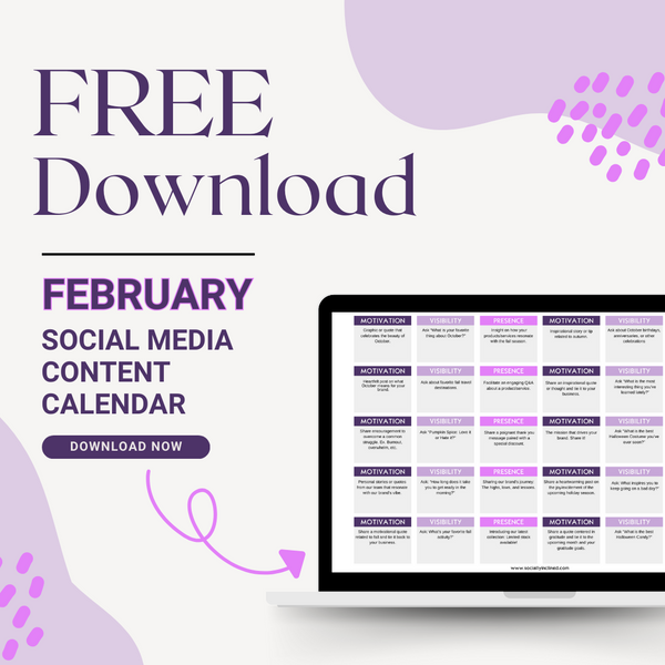 a mockup of our free February Content Calendar: This free Content Calendar for Social Media is full of February social media content ideas that will help you grow your business on social media this month!