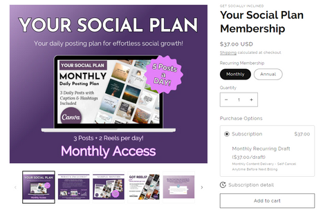 A link to Your Social Plan, a monthly membership that provides daily done-for-you social media content solution complete with 3 daily posts and 2 daily reels for small business owners.