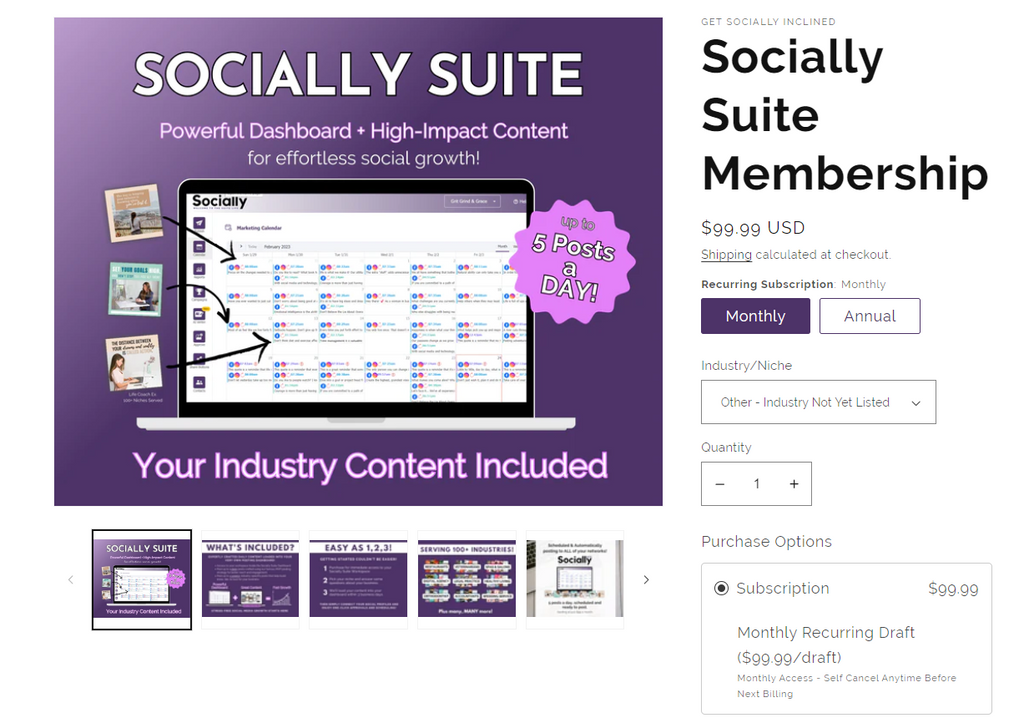 a mock up of the Socially Suite Posting Dashboard providing pre-done posts and reels for business owners. Socially Suite provides high-quality, predesigned content for 100+ niches preloaded into a powerful social media scheduler.