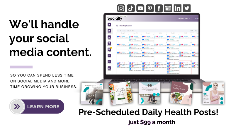 a link to Socially Suite, an all-in-one social media content service that provides high-quality, health and fitness posts preloaded into a powerful social media scheduler.