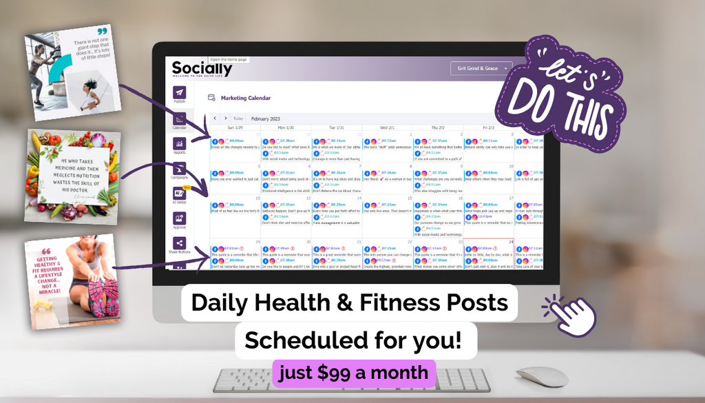 a link to Socially Suite, an all-in-one social media content service that provides high-quality, health and fitness posts preloaded into a powerful social media scheduler.