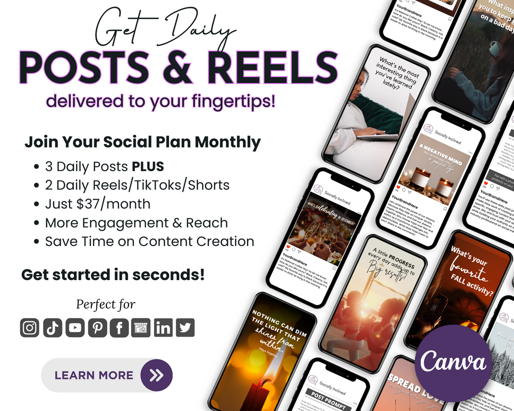 a mock up of Your Social Plan, a completely done-for-you social media content calendar that includes 3 posts and 2 reels every day. Monthly content subscription.