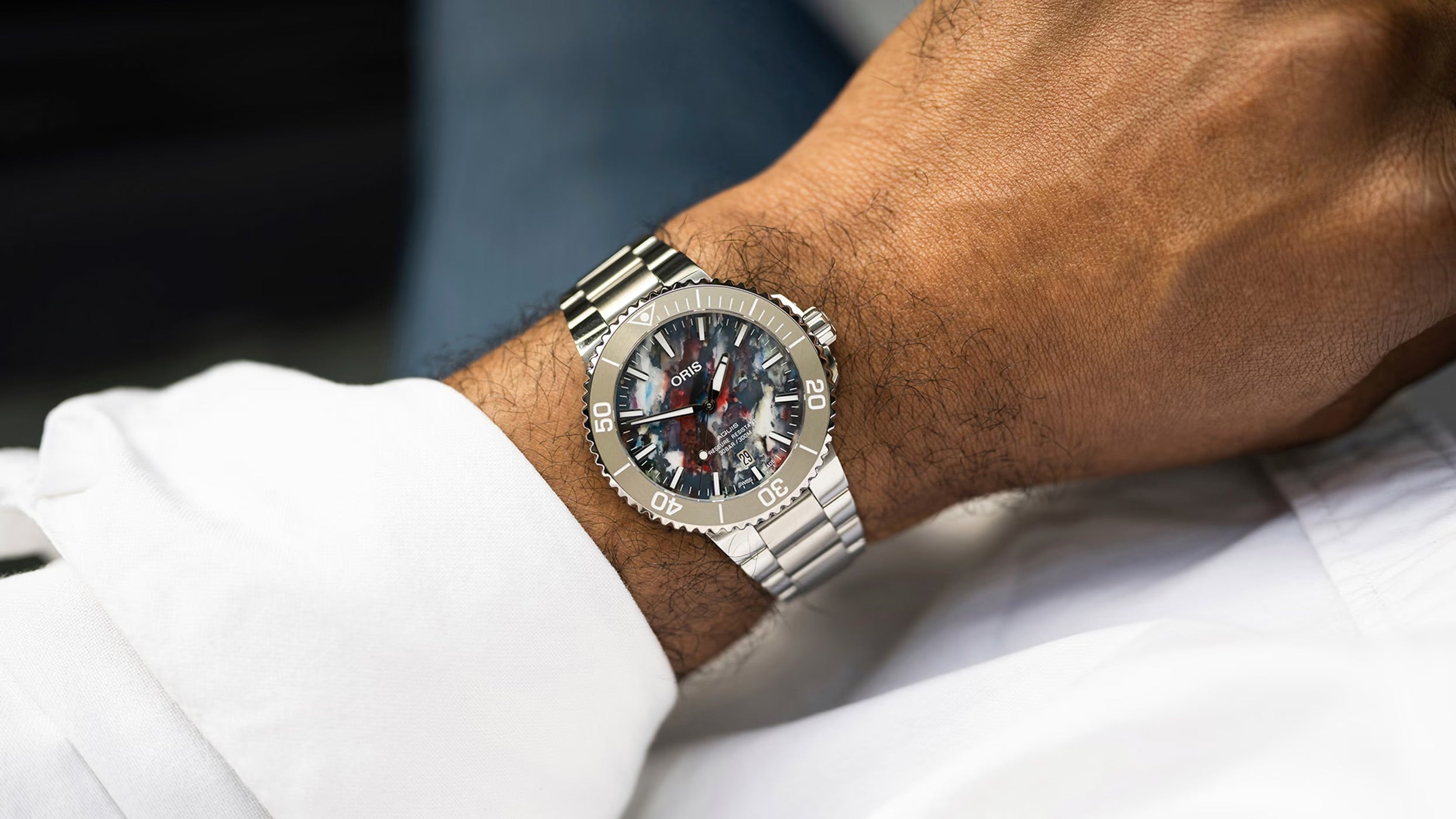 Oris Aquis Upcycle on wrist