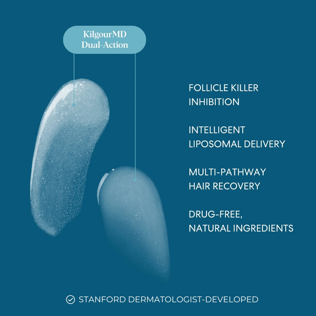 Blue gel with captions highlighting its benefits for hair recovery and ingredient delivery.
