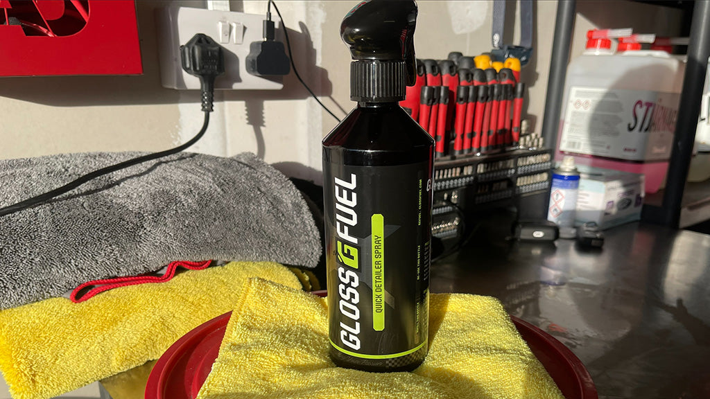 Gloss Fuel Quick Detailer Spray on Garage Workbench