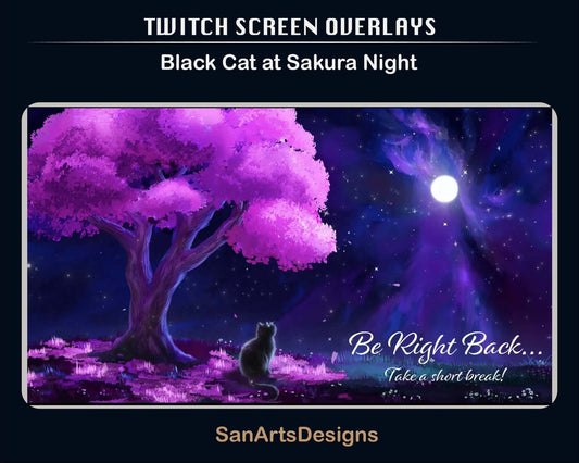 Animated Scenes Black Cat at Sakura Night - Overlay - Stream K-Arts