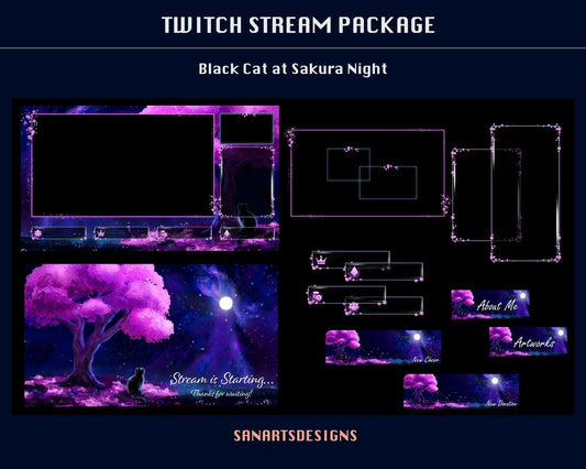 Animated Stream Package Black Cat at Sakura Night - Package - Stream K-Arts