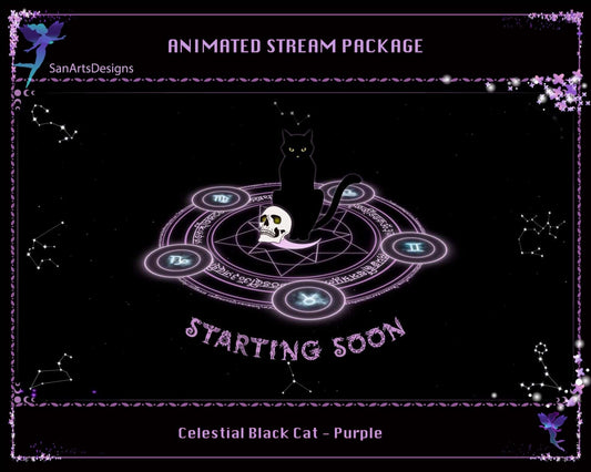 Animated Twitch Stream Overlays Package Celestial Witchy Black Cat - Package - Stream K-Arts