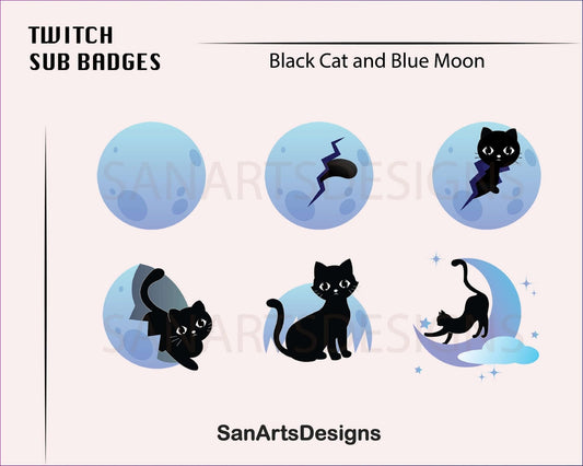 Cute Black Cat and Moon Twitch Sub Badges - Badges - Stream K-Arts