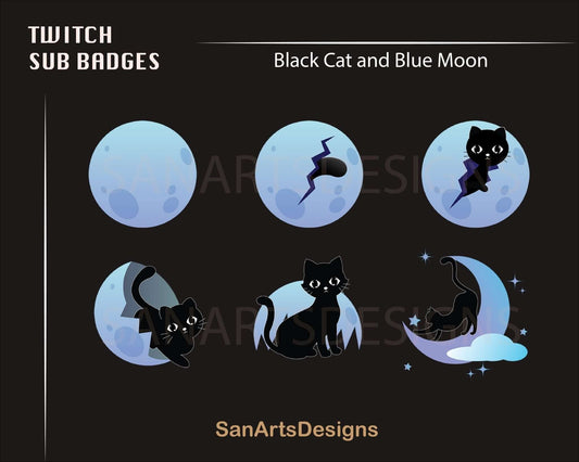 Cute Black Cat and Moon Twitch Sub Badges - Badges - Stream K-Arts