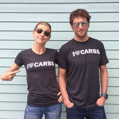 Lauren Fleshman and Jesse Thomas rocking I Love Carbs shirts