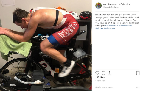 Matt Hanson pro triathlete on indoor bike trainer for winter training