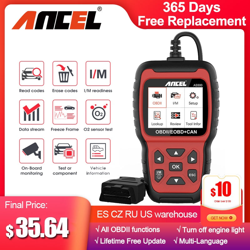 Ancel AS500 OBD2 Scanner Engine Code Reader OBD Auto Diagnose Car Diagnostics Tool Lifetime Free Update OBD2 Automotive Scanner
