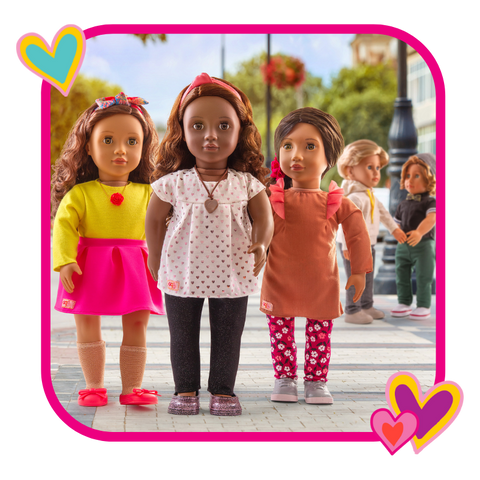 3 girl dolls of different ethnicities walking on the street and 2 guy dolls in the background