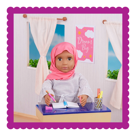 Doll with hijab in the classroom